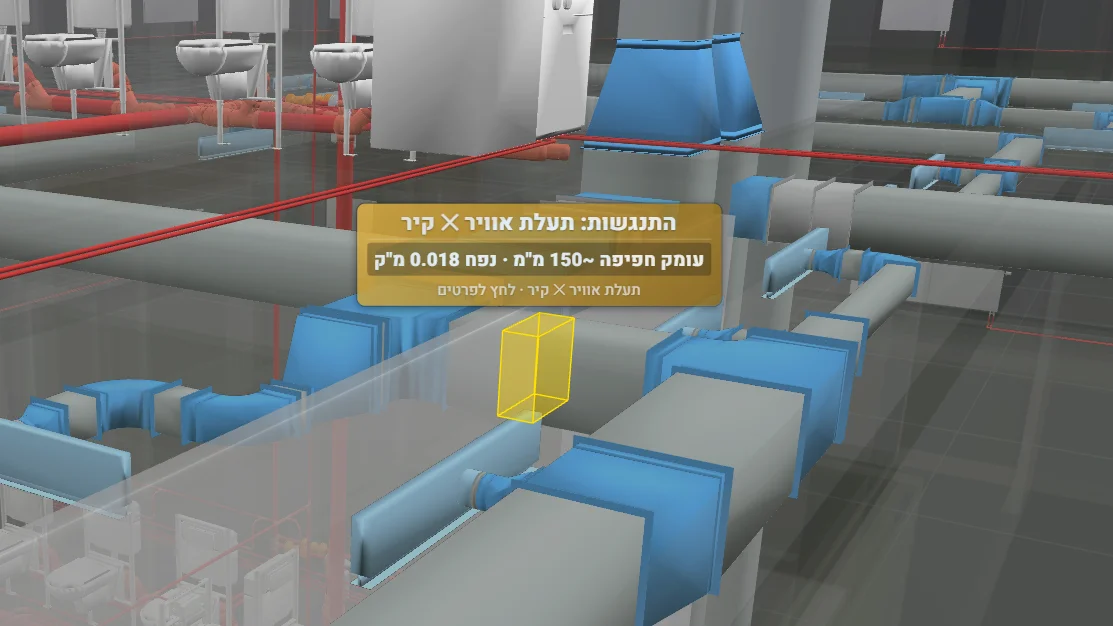 An MEP clash in 3D: duct through wall, 150 mm penetration.