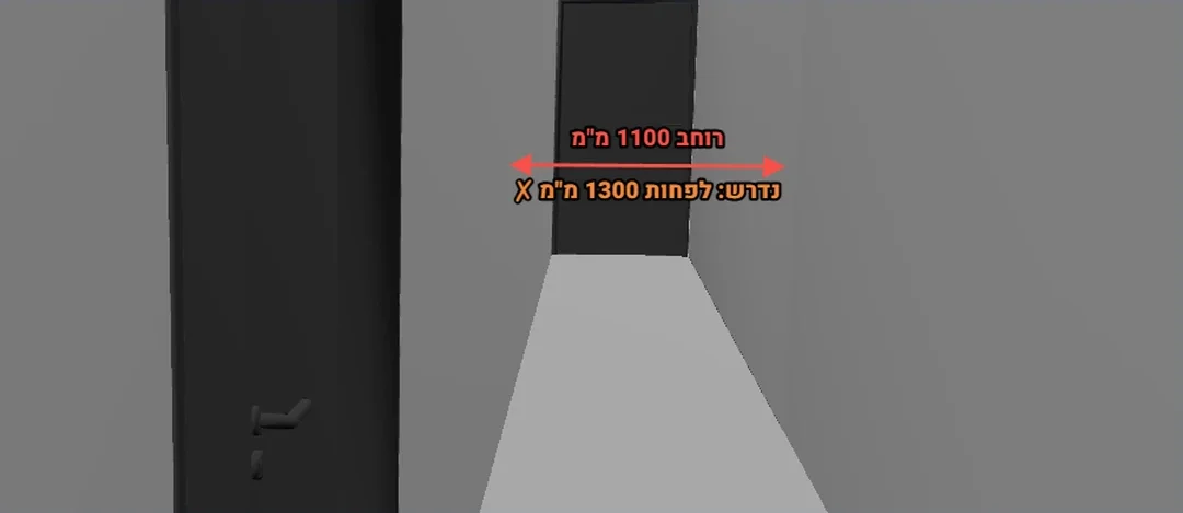 A corridor-width finding in 3D: measured 1,100 mm against SI 1918's required 1,300 mm, with a red dimension arrow at the exact spot.